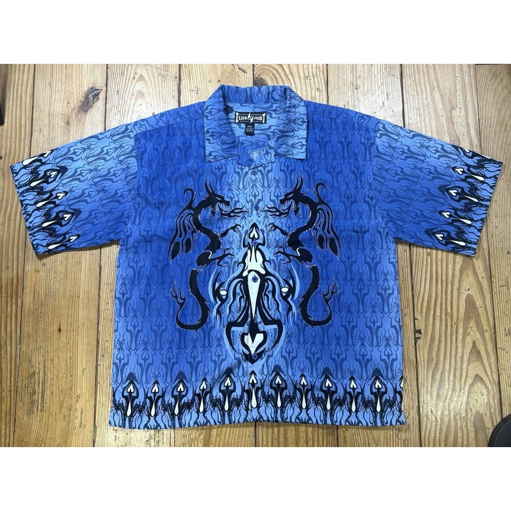 Vintage Y2K Steve-&-Barrys Tribal Dragon AOP Button-Shirt Sz 2XL Button Up Blue